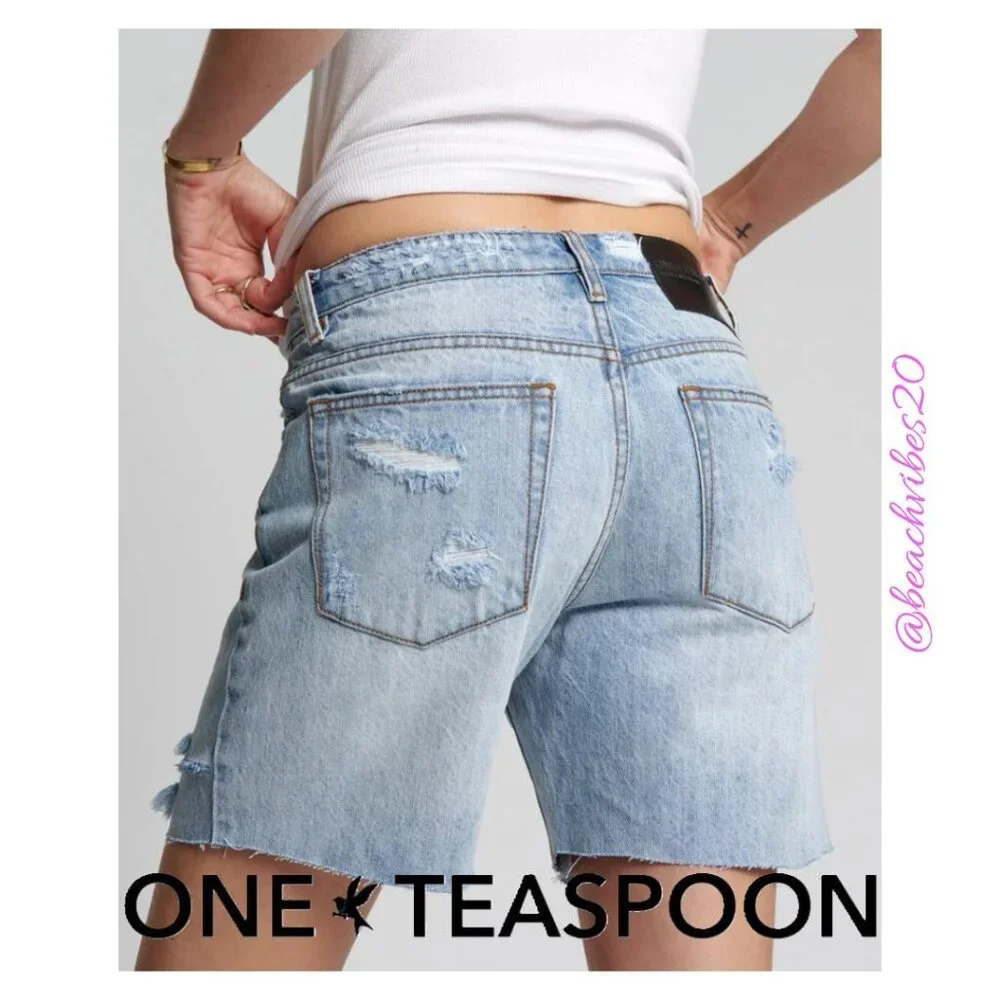 ONE TEASPOON Jacksons Mid Waist Wide Leg Denim Shorts Ocean 24 NWT O-210